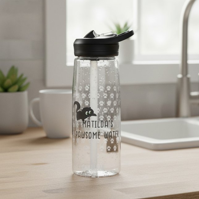 Bouteille d'eau Mignonne Chat Noir Nom Pawsome (A pawsome water bottle for your pawsome water. Just add your name)