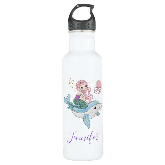 Bouteille D'eau Mignonne sirène chevauchant un dauphin sous la mer (Devant)