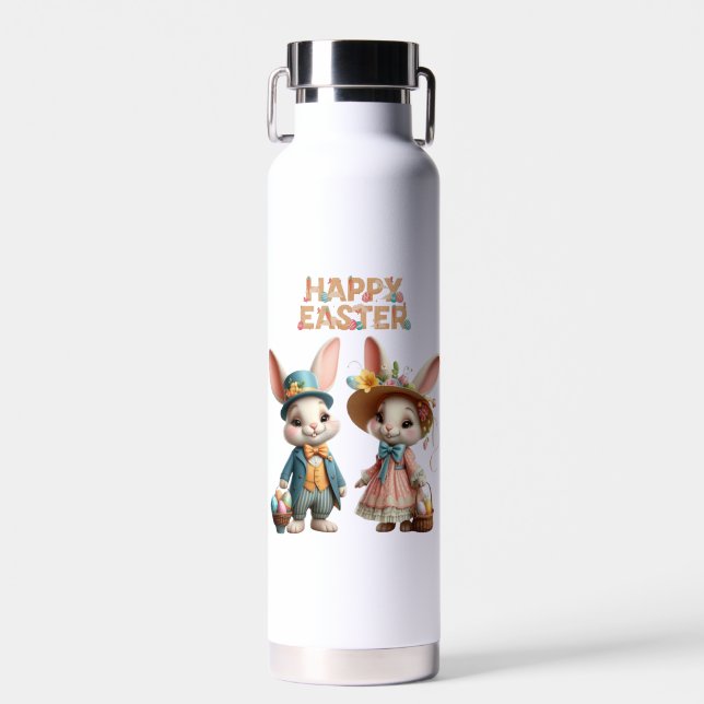 Bouteille D'eau Mignonne, Whimsical Joyeuse Pâques avec 2 lapins (Avant)