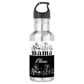 Bouteille D'eau Minimaliste Fleur Sauvage Maman Personnalisée Noir