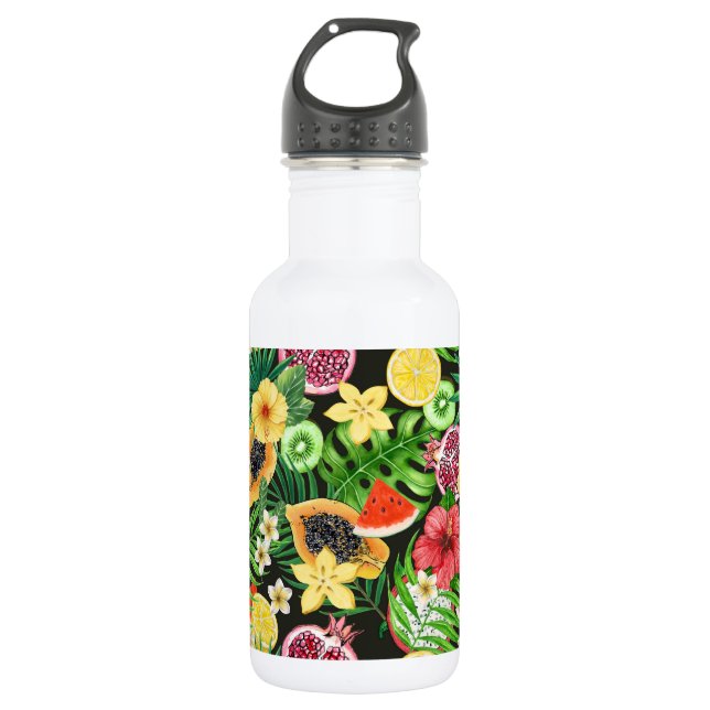 Bouteille D'eau Mix-fruits tropicaux, fleurs et feuilles en noir (Devant)