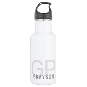 Bouteille D'eau Moderne 2 Initiales + Nom Petit Gris et Blanc