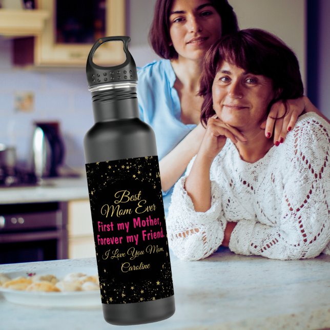 Bouteille D'eau Moderne Chic Black Fuchsia Typographie Jour des mè (Créateur téléchargé)