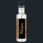Bouteille D'eau Moderne Chic Empreinte de léopard Noir Personnalis<br><div class="desc">Moderne Chic Empreinte de léopard Noir Bouteille d'eau en acier inoxydable personnalisée a un design élégant avec un nom de script à la main tendance. Il est conçu avec un motif empreinte de léopard noir et marron autour du tumbler. L'avant a une touche unique avec une bande verticale noire sur...</div>