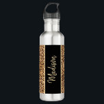 Bouteille D'eau Moderne Chic Empreinte de léopard Noir Personnalis<br><div class="desc">Moderne Chic Empreinte de léopard Noir Bouteille d'eau en acier inoxydable personnalisée a un design élégant avec un nom de script à la main tendance. Il est conçu avec un motif empreinte de léopard noir et marron autour du tumbler. L'avant a une touche unique avec une bande verticale noire sur...</div>