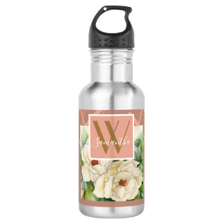 Bouteille D'eau Moderne Floral Magnolia Rose Monogramme Or Ajouter