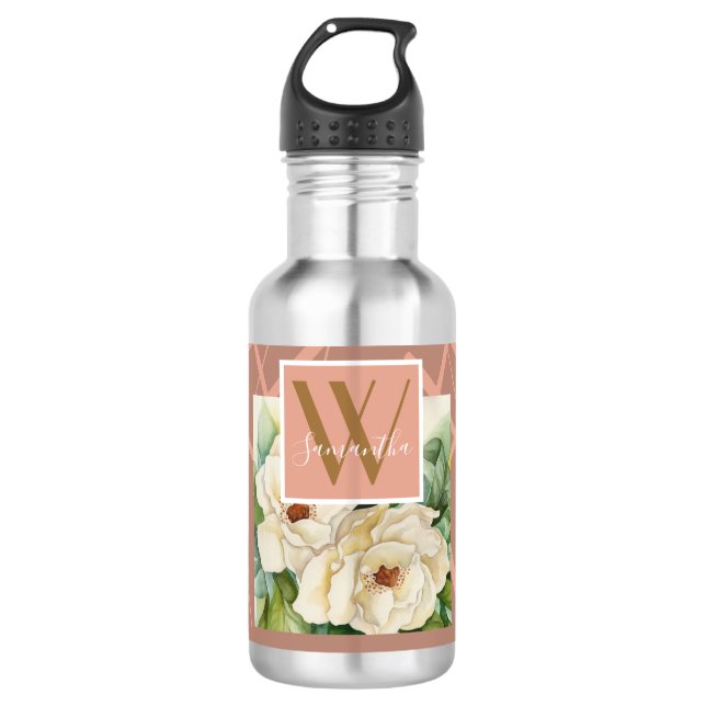Bouteille D'eau Moderne Floral Magnolia Rose Monogramme Or Ajouter (Devant)