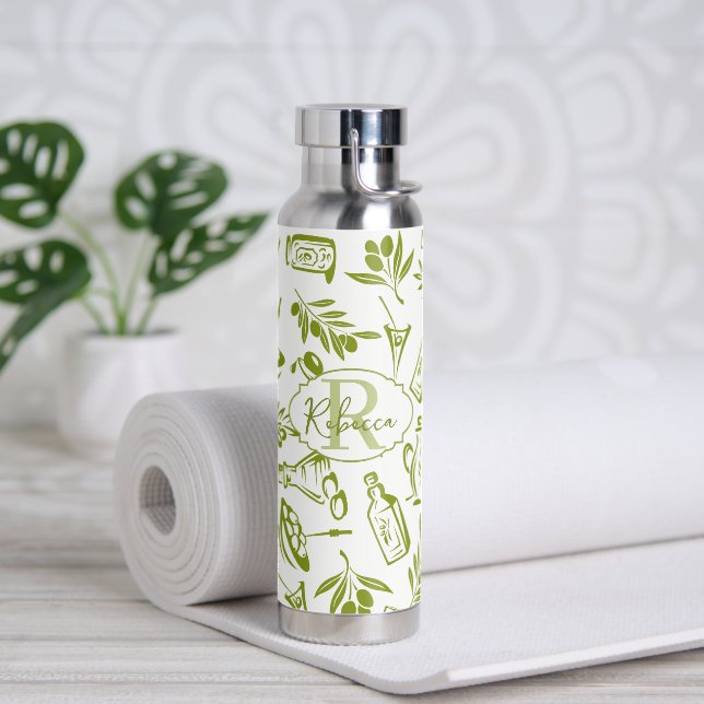 Bouteille D'eau Moderne monogramme vert sauge feuille d'olive desi (Yoga (pivoté))