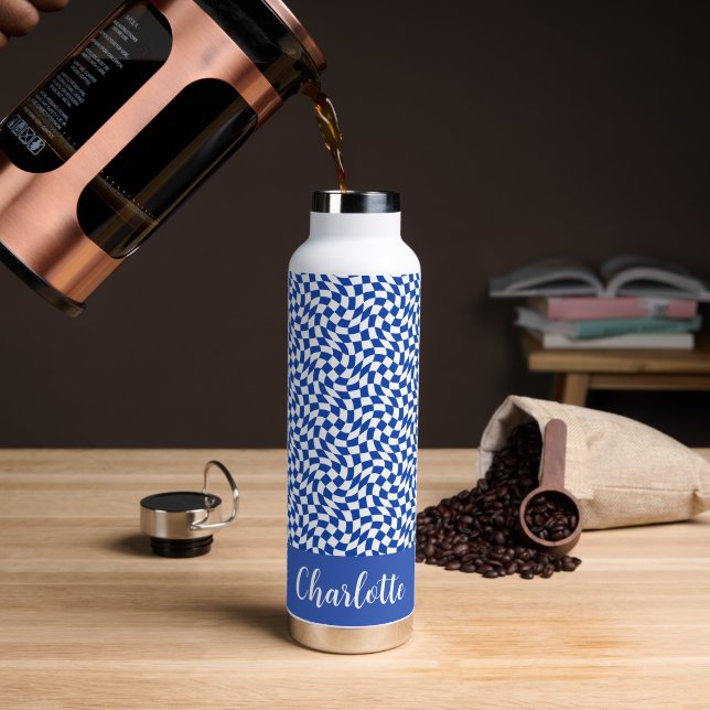 Bouteille D'eau monogramme à carreaux bleus sur le thème des année (Café (pivoté))