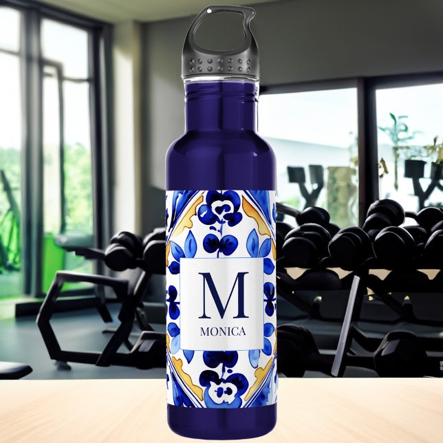 Bouteille D'eau Monogramme Amalfi Vietri Italien carreaux bleus ca (Monogram Amalfi Vietri Italian blue tiles bridesmaid gifts Water Bottle bridal party favors )