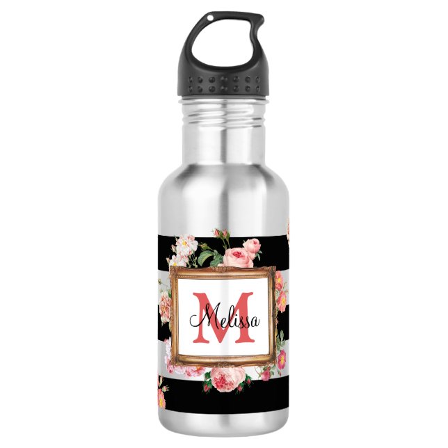 Bouteille D'eau Monogramme Antique Floral & Rayures (Devant)