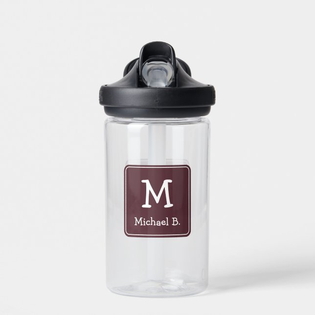 Bouteille D'eau Monogramme blanc et nom sur Dusty Burgundy (Avant)
