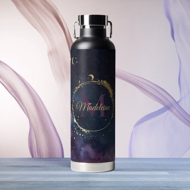 Bouteille D'eau Monogramme céleste Blue Gold Galaxy Sky Planètes (elestial galaxy personalized midnight blue space water bottle custom name gift)