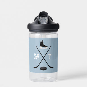 Bouteille D'eau Monogramme classique de hockey sur glace bleu pous