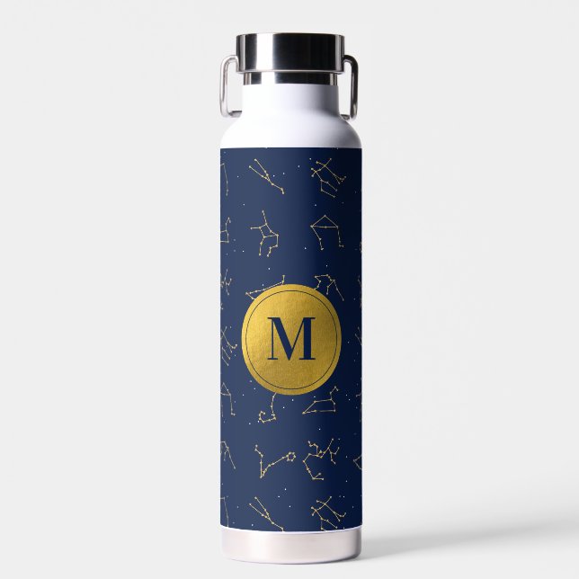 Bouteille D'eau Monogramme de constellations de Zodiac bleu or et  (Avant)