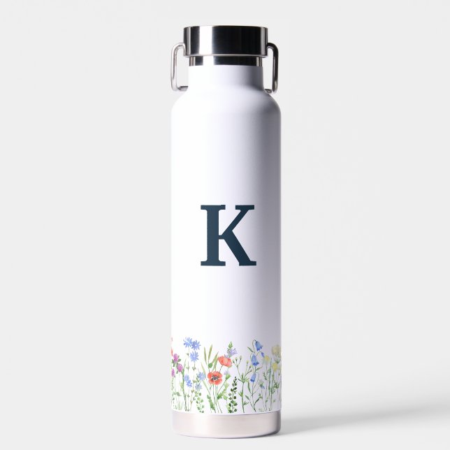 Bouteille D'eau Monogramme de fleur sauvage à l'aquarelle  (Avant)