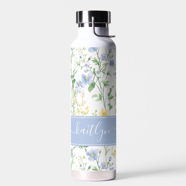 Bouteille D'eau Monogramme de fleur sauvage aquarelle bleue (Gauche)