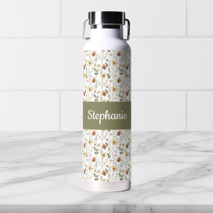 Bouteille D'eau Monogramme de nom à l'aquarelle de fleurs sauvages