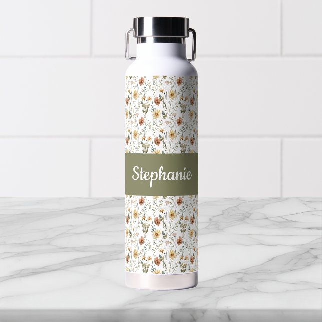 Bouteille D'eau Monogramme de nom à l'aquarelle de fleurs sauvages (Créateur téléchargé)
