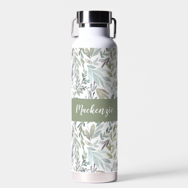 Bouteille D'eau Monogramme de nom aquarelle botanique bleu vert (Avant)
