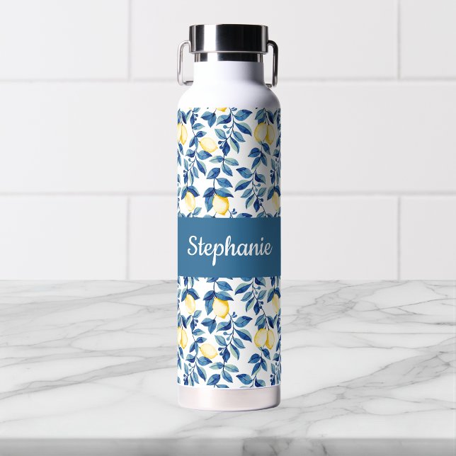 Bouteille D'eau Monogramme de nom aquarelle citron bleu (Créateur téléchargé)