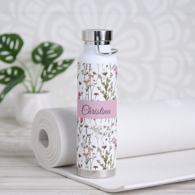 Bouteille D'eau Monogramme de nom aquarelle de fleur sauvage rose  (Yoga)