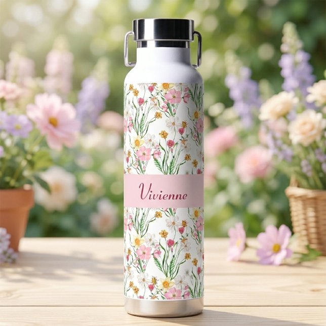 Bouteille D'eau Monogramme de nom aquarelle de fleur sauvage verte (Pink Green Wildflower Watercolor Monogram Name Water Bottle)