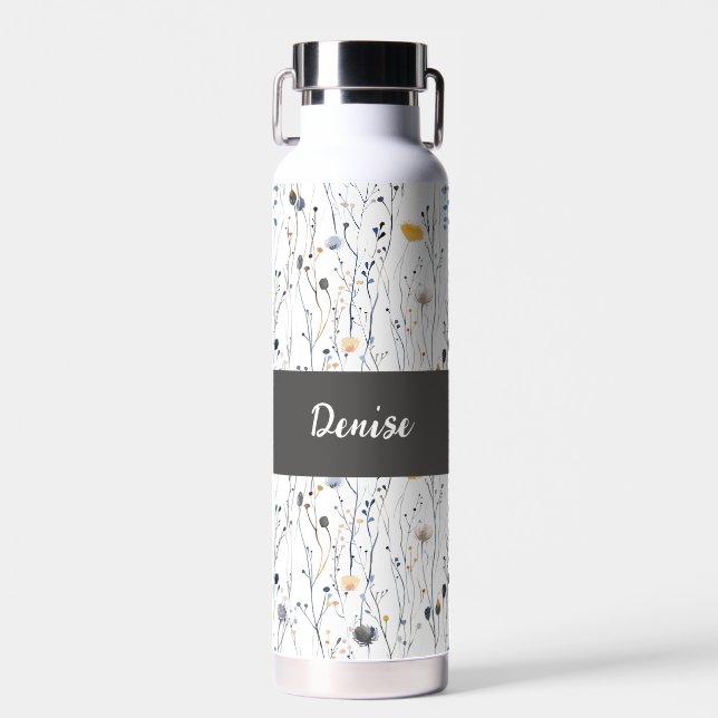 Bouteille D'eau Monogramme de nom aquarelle fleur sauvage bleu gri (Avant)
