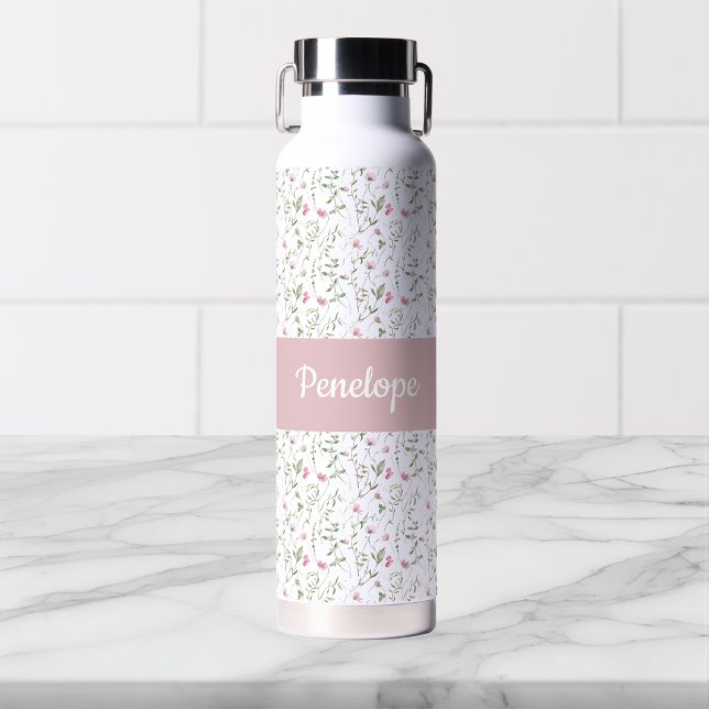 Bouteille D'eau Monogramme de nom aquarelle fleur sauvage rose (Créateur téléchargé)