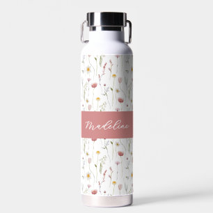 Bouteille D'eau Monogramme de nom aquarelle fleur sauvage rose pou