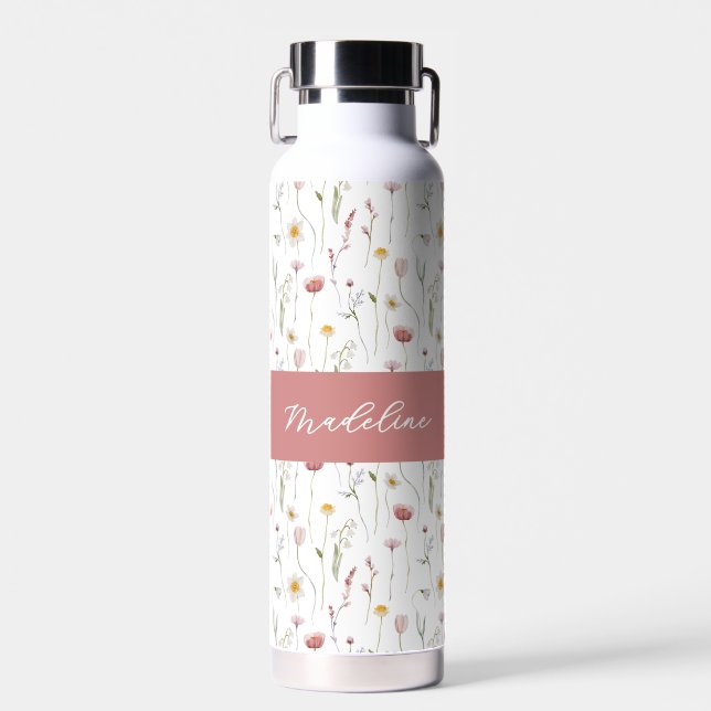 Bouteille D'eau Monogramme de nom aquarelle fleur sauvage rose pou (Avant)