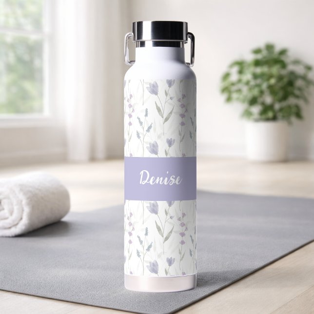 Bouteille D'eau Monogramme de nom aquarelle fleur sauvage violette (Créateur téléchargé)