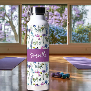 Bouteille D'eau Monogramme de nom aquarelle fleur sauvage violette