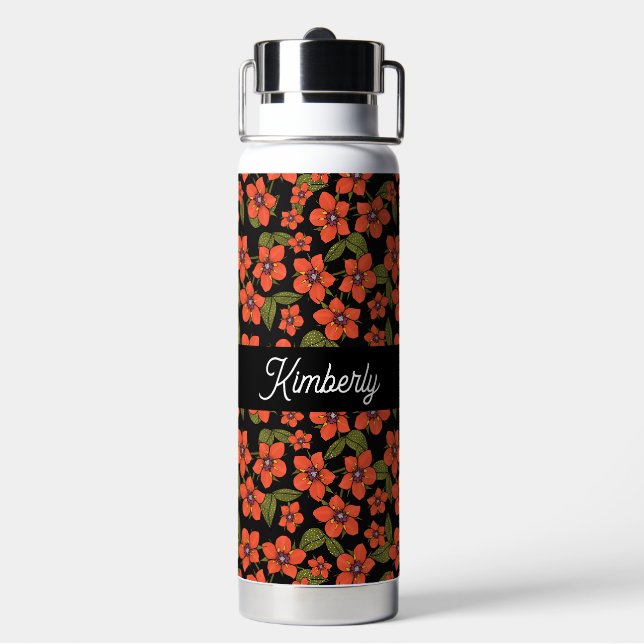 Bouteille D'eau Monogramme de nom aquarelle florale rouge (Arrière)