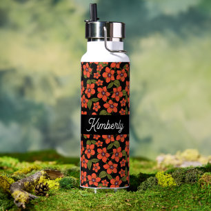Bouteille D'eau Monogramme de nom aquarelle florale rouge