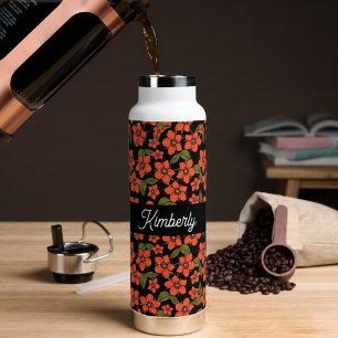 Bouteille D'eau Monogramme de nom aquarelle florale rouge