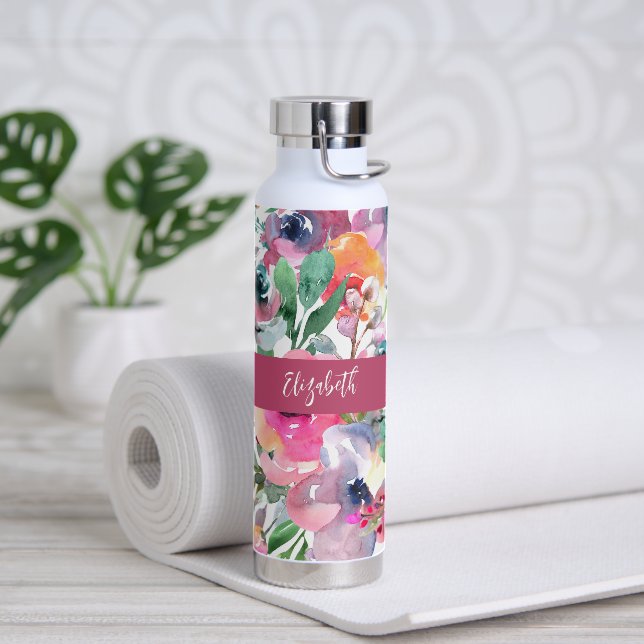 Bouteille D'eau Monogramme de nom floral aquarelle d'été (Yoga (pivoté))