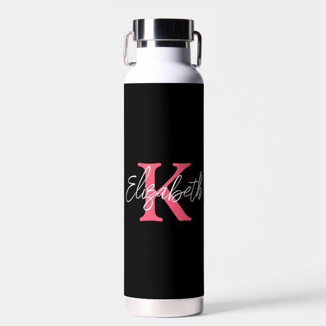 Bouteille D'eau Monogramme de nom initial noir rose blanc tendance (Avant)