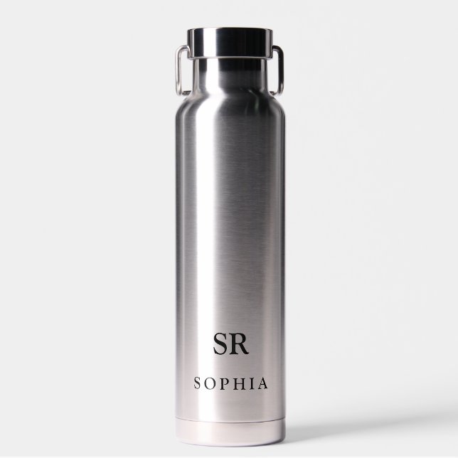 Bouteille D'eau Monogramme de nom Moderne Argent Noir (Avant)