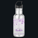 Bouteille D'eau monogramme de parties scintillant violet argenté<br><div class="desc">Un arrière - plan faux argenté avec de la poussière de parties scintillant violette. Texte de couleur violette. Personnalisez et ajoutez vos initiales monographiques,  votre prénom et votre nom complet.</div>