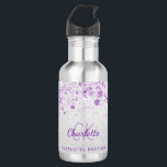 Bouteille D'eau monogramme de parties scintillant violet argenté<br><div class="desc">Un arrière - plan faux argenté avec de la poussière de parties scintillant violette. Texte de couleur violette. Personnalisez et ajoutez vos initiales monographiques,  votre prénom et votre nom complet.</div>