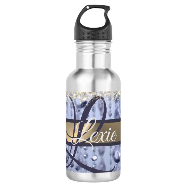 Bouteille D'eau Monogramme de perles bleues éblouissantes    (Devant)
