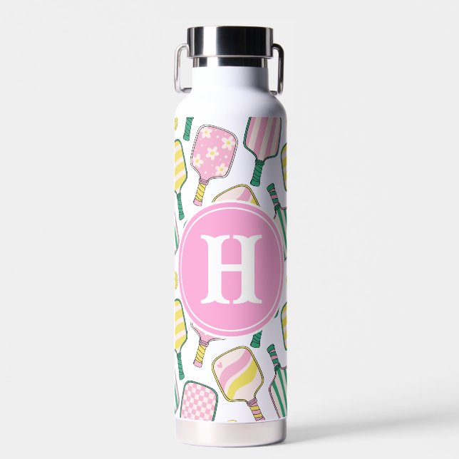 Bouteille D'eau Monogramme de Pickleball Rose et Jaune Preppy (Avant)