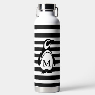 Bouteille D'eau Monogramme de pingouin noir et blanc et rayures