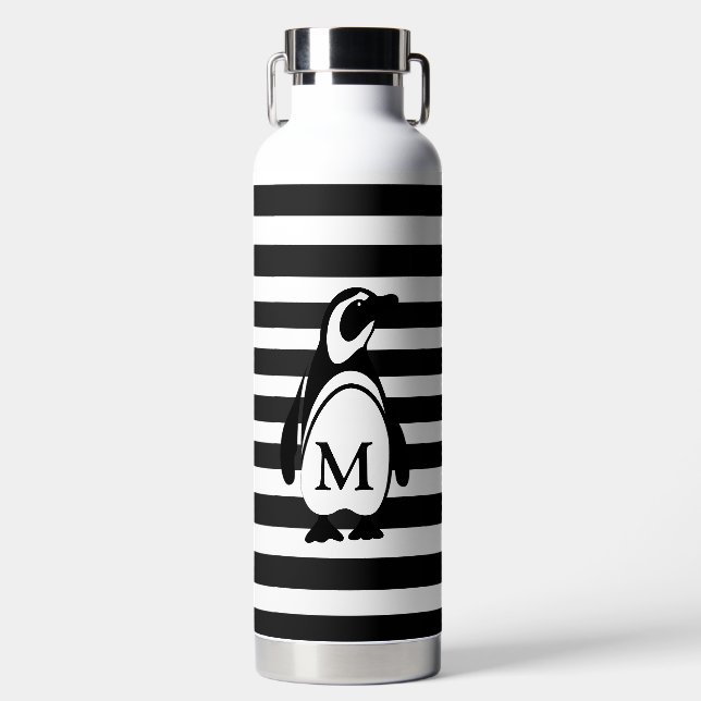 Bouteille D'eau Monogramme de pingouin noir et blanc et rayures (Avant)