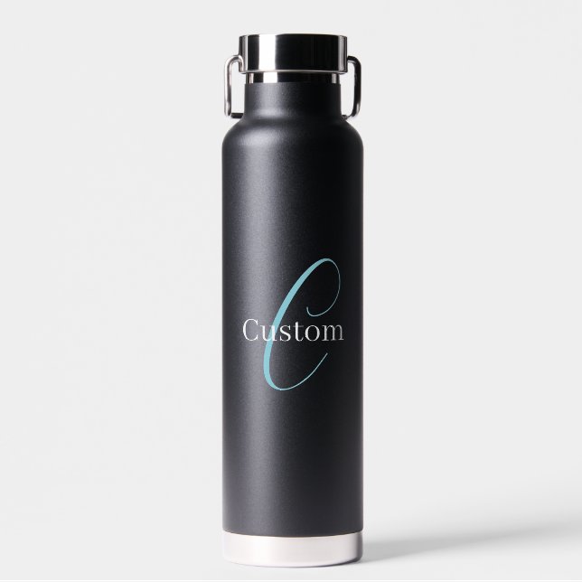 Bouteille D'eau Monogramme de script cursif éditable Noir Bleu Bla (Avant)