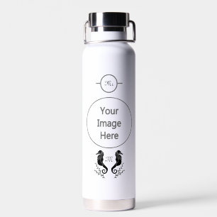 Bouteille D'eau Monogramme de silhouette de cheval de mer noir