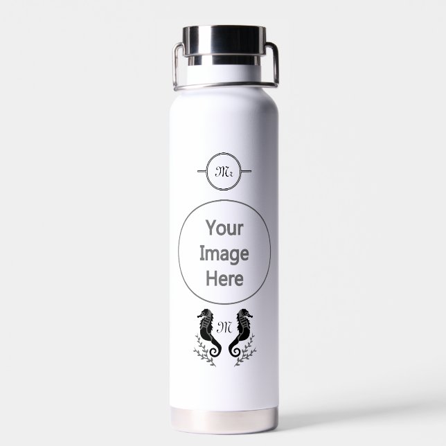 Bouteille D'eau Monogramme de silhouette de cheval de mer noir (Arrière)