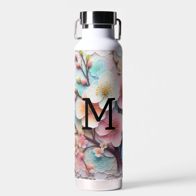 Bouteille D'eau Monogramme dentelle rose pastel fleurs de cerisier (Avant)