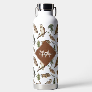 Bouteille D'eau Monogramme du Motif de la forêt de Chouette vintag